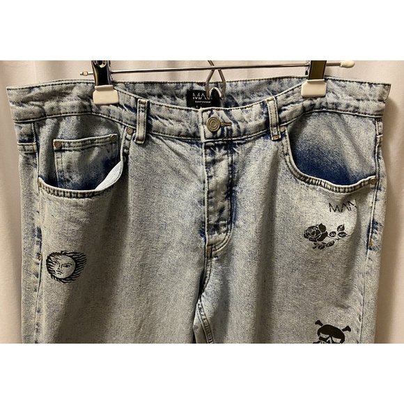 Boohoo Man  Mens 36X30 Jeans Grahic  Button Down Light Stone Wash - Picture 5 of 15